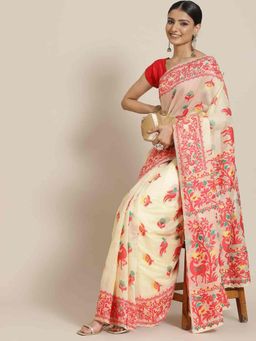 Silk Land - Jamdani Pure Cotton Saree -Beige with Unstitched Blouse