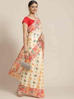 Silk Land - Jamdani Pure Cotton Saree -Beige with Unstitched Blouse