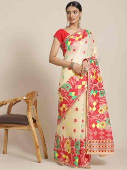 Silk Land - Jamdani Pure Cotton Saree -Beige with Unstitched Blouse