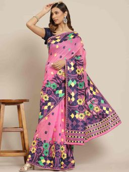 Silk Land - Jamdani Pure Cotton Saree -Pink with Unstitched Blouse