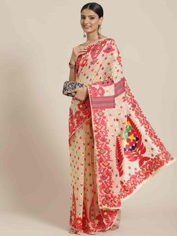 Silk Land - Jamdani Pure Cotton Saree -Beige with Unstitched Blouse