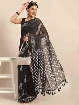 Silk Land - Women Pure Cotton Block Print Saree -Black with Unstitched Blouse