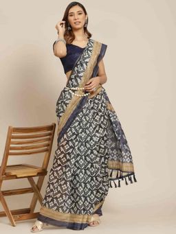 Silk Land - Women Pure Cotton Block Print Saree -Black with Unstitched Blouse