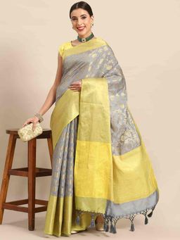Silk Land - Women Brocade Soft Silk Zari Woven Saree -Grey with Unstitched Blouse