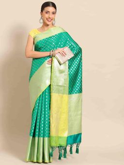 Silk Land - Women Ethnic Motifs Kanjeewaram Art Silk Saree -Green with Unstitched Blouse