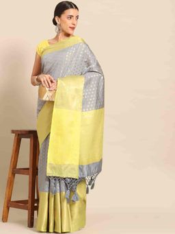 Silk Land - Women Ethnic Motifs Kanjeewaram Art Silk Saree -Grey with Unstitched Blouse