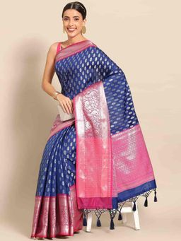 Silk Land - Women Ethnic Motifs Kanjeewaram Art Silk Saree -Navy Blue with Unstitched Blouse