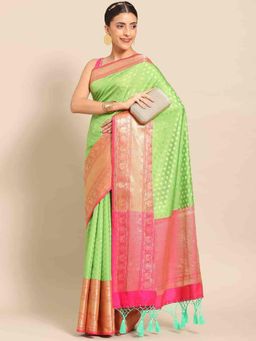 Silk Land - Women Ethnic Motifs Kanjeewaram Art Silk Saree -Green with Unstitched Blouse