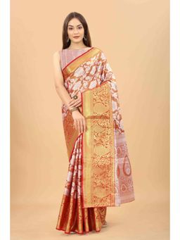 Silk Land - Women Ikkat Zari Woven Saree -Orange with Unstitched Blouse