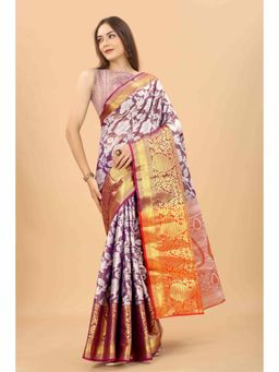 Silk Land - Women Ikkat Zari Woven Saree -Purple with Unstitched Blouse