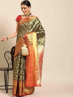 Silk Land - Women Brocade Soft Silk Zari Woven Saree -Green with Unstitched Blouse
