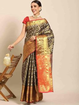 Silk Land - Women Brocade Soft Silk Zari Woven Saree -Green with Unstitched Blouse