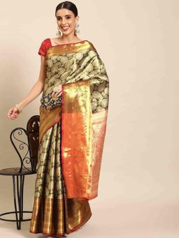 Silk Land - Women Brocade Soft Silk Zari Woven Saree -Olive with Unstitched Blouse