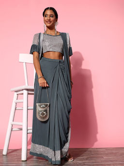 Odette - Grey Solid Poly Silk Saree with Unstitched Blouse