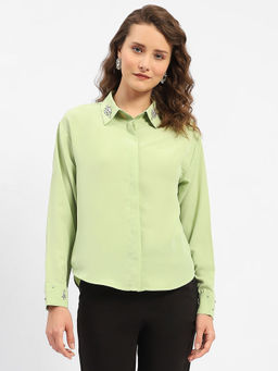 Madame - Rhinestone Embellished Green Shirt