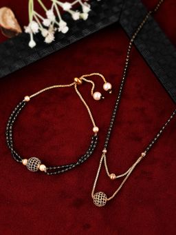 Shoshaa - Gold-Plated Black Stone-Studded Beaded Mangalsutra With Bracelet (Set of 2)