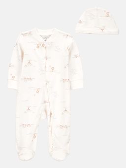 Carter's - Cream Printed 2-Way Zip Bodysuit With Cap