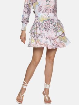 IS.U - Women's Vintage Print White Ruffle Mini Skirt