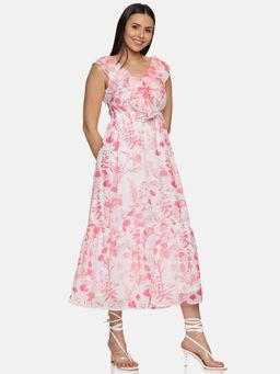 IS.U - Women's Floral White Back Tie-knot Midi Dress