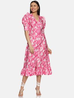 IS.U - Women's Floral Pink Button Down Satin Midi Dress