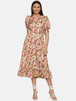 IS.U - Women's Floral Multicolor Button Down Satin Midi Dress