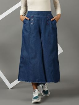 SHOWOFF - Women's Solid Flat-front Flared Blue Trouser