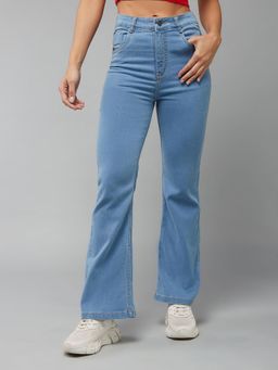 DOLCE CRUDO - Women's Light Blue Bootcut High Rise Clean Look Stretchable Denim Jeans