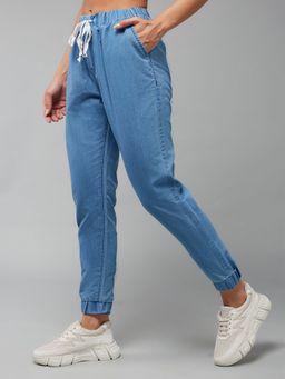 DOLCE CRUDO - Women's Blue Fit Mid Rise Length Non-stretchable Denim Joggers