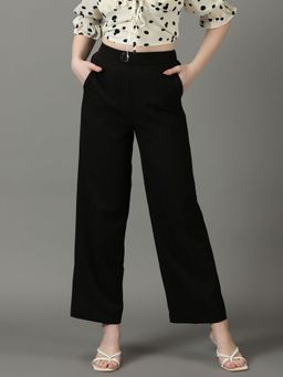 SHOWOFF - Women's Striped Loose Fit Black Parallel Trouser