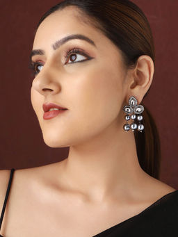 Priyaasi - Elegance In Ebony Black- Silver Plated Kundan and Pearl Earrings
