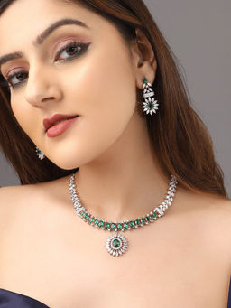 Priyaasi - Elegant American Diamonds and Green Stones Silver Plating Jewellery Set