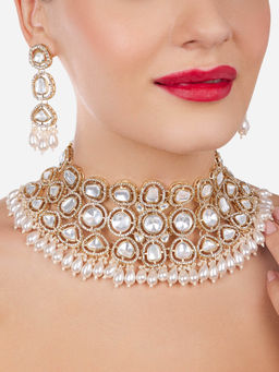 Zaveri Pearls - Gold Tone White Austrian Diamonds Stones Beads Bridal Necklace Earrings Set