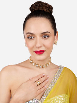 Zaveri Pearls - Gold Tone White Dazzling Stones Pearls Embellished Necklace Earrings Ring Set