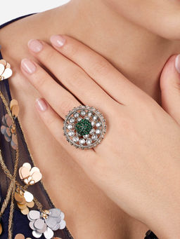 Zaveri Pearls - Green Austrian Diamonds & Kundan Silver Plated Adjustable Ring
