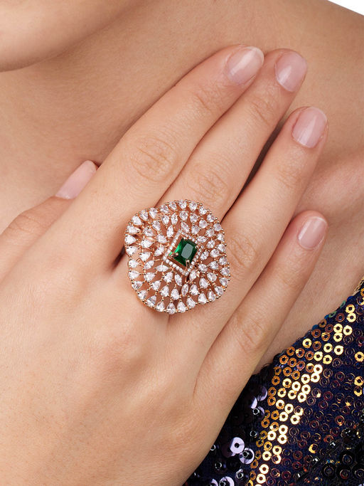 Zaveri Pearls Green Dazzling Cubic Zirconia Embellished Brass Adjustable Ring