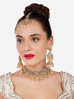 Zaveri Pearls - Pink Beads Crescent Kundan Choker Necklace Earrings & Maangtikka Set