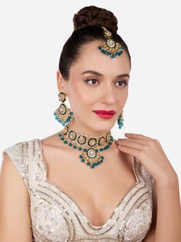 Zaveri Pearls - Green Meenakari Bridal Kundan Choker Necklace Earrings & Maangtikka Set