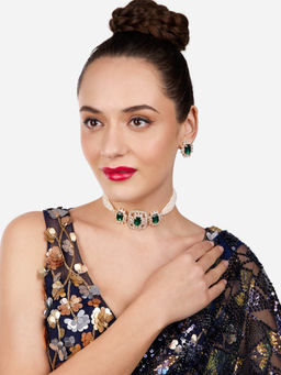 Zaveri Pearls - Green Statement Stones Multistrand Beaded Choker Necklace Earrings Set