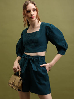 TOKYO TALKIES - Green Square Neck Pure Cotton Top and Shorts (Set of 3)