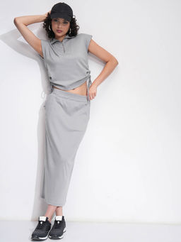 TOKYO TALKIES - Grey Solid Collar Neck Top and Skirt (Set of 2)