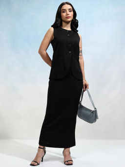 TOKYO TALKIES - Black Round Neck Sleeveless Blazer and Skirt (Set of 2)