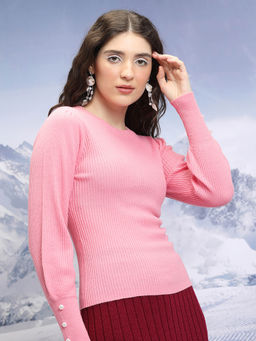 TOKYO TALKIES - Pink Ribbed Acrylic Pullover