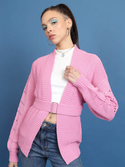 TOKYO TALKIES - Pink Ribbed Relaxed Fit Belted Front Open Cardigan (Set of 2)