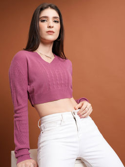 TOKYO TALKIES - Pink Cable Knit Woven Acrylic Crop Pullover