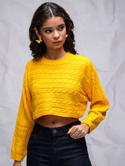 TOKYO TALKIES - Yellow Woven Cable Knit Cropped Pullover