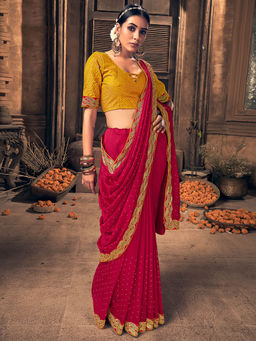 SANSKAR - Pink Blooming Vichitra Siroski Embroidered Work Saree with Unstitched Blouse