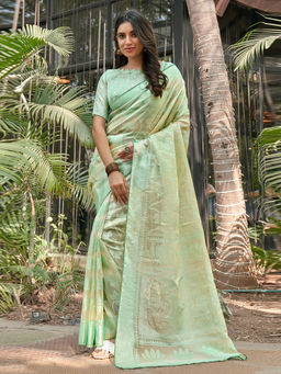 SANSKAR - Green Organza Silk Brasso Foil Print Saree with Unstitched Blouse