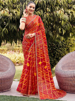 SANSKAR - Red Silk Blend Bandhani Print Zari Embroidered Border Saree with Unstitched Blouse