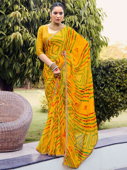 SANSKAR - Yellow Silk Blend Bandhani Print Zari Embroidered Border Saree with Unstitched Blouse