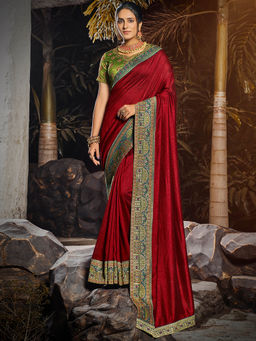 SANSKAR - Maroon Vichitra Silk Embroidered Saree with Unstitched Blouse